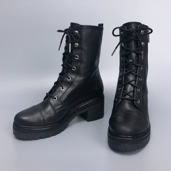 Michael Kors Anaka Black Leather Combat Platform Boots with Chrome MK - Picture 5 of 12